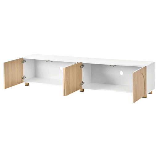Móvel de TV tipo lowboard sem dimensões específicas - 4 portas, relevo arqueado, pés metálicos, moderno - Natural e branco Móvel de TV tipo lowboard sem dimensões específicas - 4 portas, relevo arqueado, pés metálicos, moderno - Natural e branco