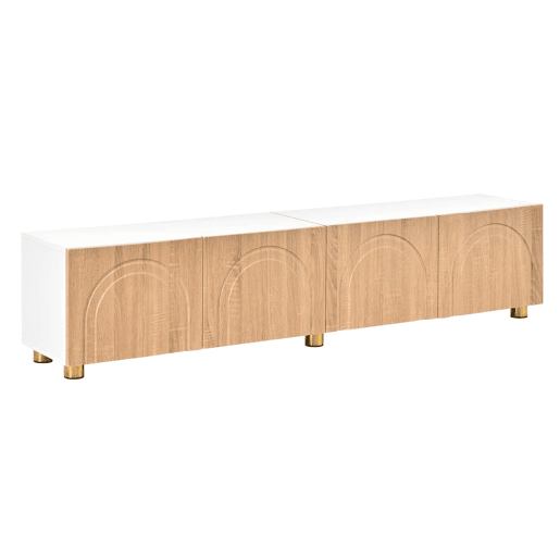 Móvel de TV tipo lowboard sem dimensões específicas - 4 portas, relevo arqueado, pés metálicos, moderno - Natural e branco Móvel de TV tipo lowboard sem dimensões específicas - 4 portas, relevo arqueado, pés metálicos, moderno - Natural e branco