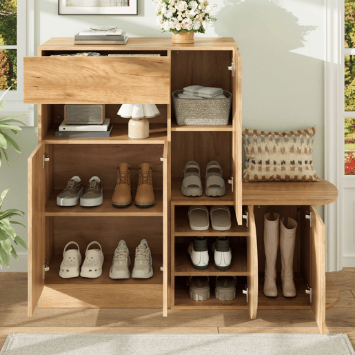 Cómoda com banco 130 x 35 x 110,5 cm u2013 1 gaveta, 5 portas, prateleira aberta e amplo espaço de arrumação para a entrada u2013 Natural