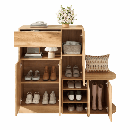 Cómoda com banco 130 x 35 x 110,5 cm u2013 1 gaveta, 5 portas, prateleira aberta e amplo espaço de arrumação para a entrada u2013 Natural