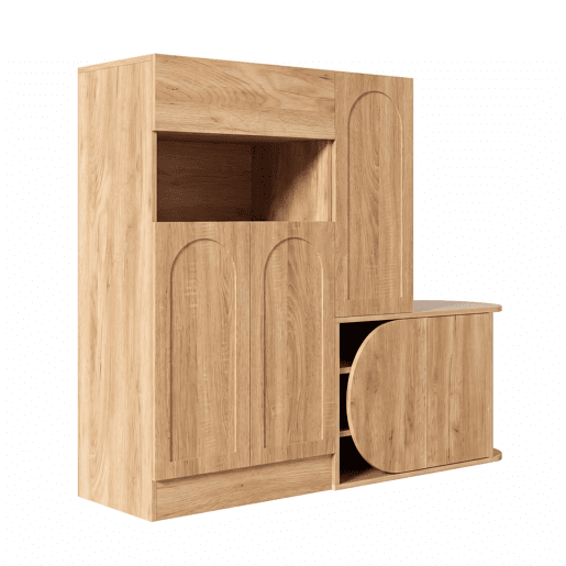 Cómoda com banco 130 x 35 x 110,5 cm u2013 1 gaveta, 5 portas, prateleira aberta e amplo espaço de arrumação para a entrada u2013 Natural
