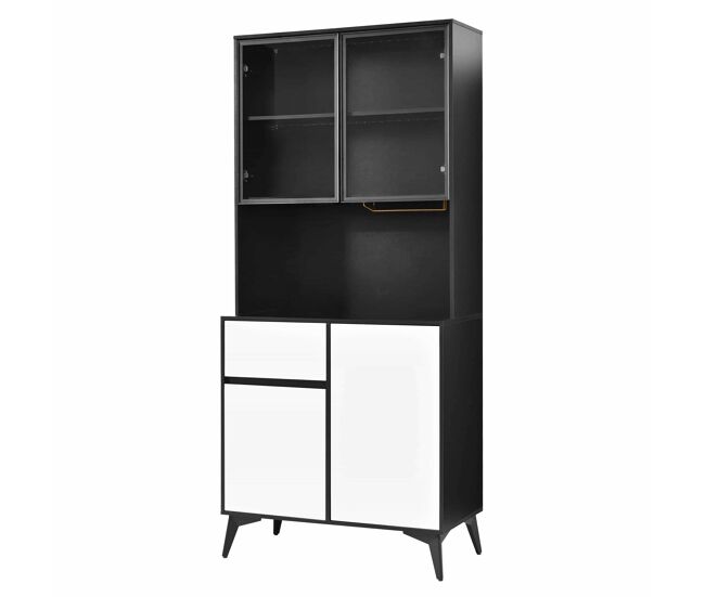 Armario alto vitrina - diseño blanco y negro con iluminación led integrada y estantes de cristal - negro y blanco
