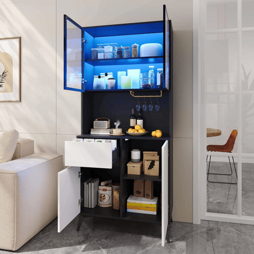 Armário alto tipo vitrina - design a preto e branco com iluminação LED integrada e prateleiras de vidro - preto e branco Armário alto tipo vitrina - design a preto e branco com iluminação LED integrada e prateleiras de vidro - preto e branco