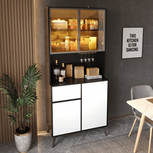 Armário alto tipo vitrina - design a preto e branco com iluminação LED integrada e prateleiras de vidro - preto e branco Armário alto tipo vitrina - design a preto e branco com iluminação LED integrada e prateleiras de vidro - preto e branco