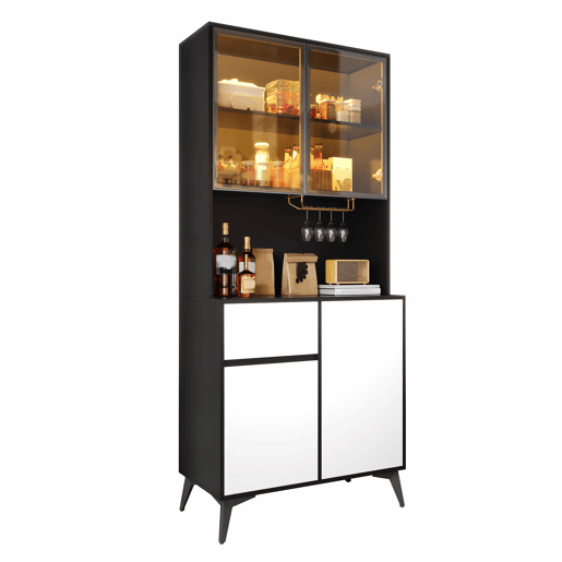 Armário alto tipo vitrina - design a preto e branco com iluminação LED integrada e prateleiras de vidro - preto e branco Armário alto tipo vitrina - design a preto e branco com iluminação LED integrada e prateleiras de vidro - preto e branco
