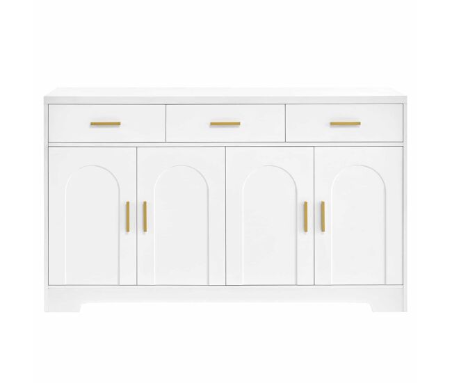 Aparador de salón sin tamaño - 4 puertas arqueadas, 3 cajones, estantes ajustables, cuerpo de mdf, tiradores metálicos dorados - blanco