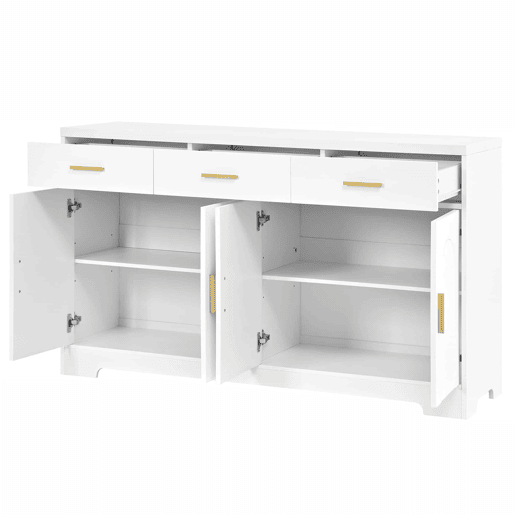 Aparador de sala sem dimensões especificadas - 4 portas arqueadas, 3 gavetas, prateleiras ajustáveis, estrutura em MDF, puxadores metálicos dourados - Branco Aparador de sala sem dimensões especificadas - 4 portas arqueadas, 3 gavetas, prateleiras ajustáveis, estrutura em MDF, puxadores metálicos dourados - Branco