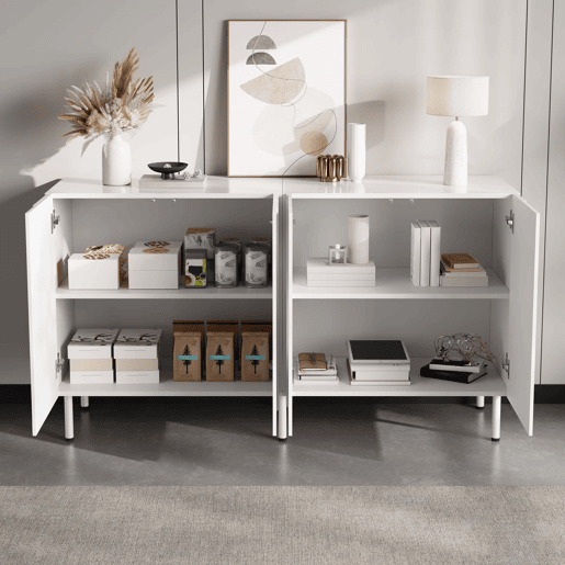 Aparador moderno sem medidas - portas onduladas em 3D sem puxadores, arrumação para a sala de estar e o hall de entrada, PB e MDF, pés metálicos - branco Aparador moderno sem medidas - portas onduladas em 3D sem puxadores, arrumação para a sala de estar e o hall de entrada, PB e MDF, pés metálicos - branco