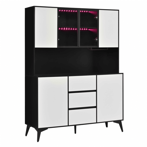 Armário alto tipo vitrina com portas de vidro e 3 gavetas u2014 design a preto e branco com suportes para copos dourados e luz LED regulável através de uma aplicação u2014 Preto, Branco
