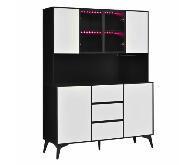 Armario alto vitrina con puertas de cristal y cajones 3 - diseño blanco y negro con portavasos dorados y luz led regulable por app - negro, blanco