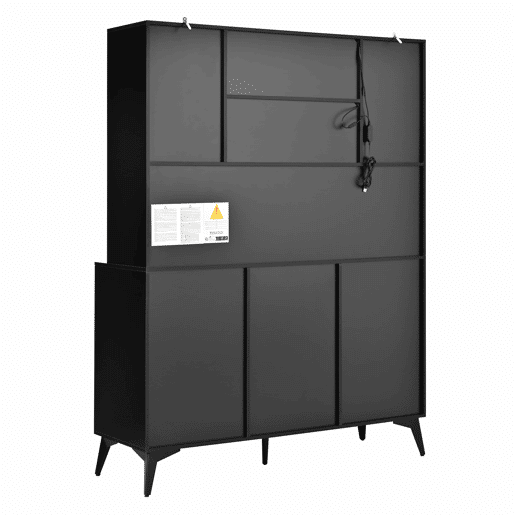 Armário alto tipo vitrina com portas de vidro e 3 gavetas u2014 design a preto e branco com suportes para copos dourados e luz LED regulável através de uma aplicação u2014 Preto, Branco