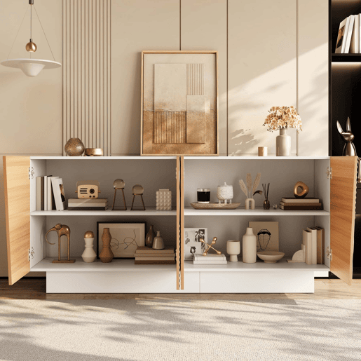 Aparador de sala de estar - tamanho não especificado - design com ranhuras geométricas, 4 portas, 2 compartimentos separados, prateleiras com altura ajustável - NaturalBranco