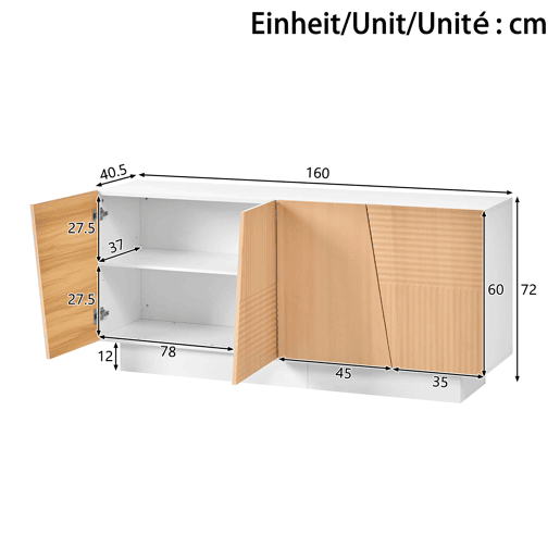 Aparador de sala de estar - tamanho não especificado - design com ranhuras geométricas, 4 portas, 2 compartimentos separados, prateleiras com altura ajustável - NaturalBranco