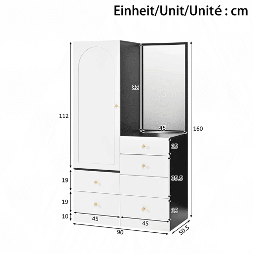Armário multifuncional para maquilhagem e roupa u2014 com espelho de corpo inteiro, banco extraível, gavetas com divisórias para maquilhagem, estrutura em MDF, puxadores redondos de ferro u2014 Preto e Branco
