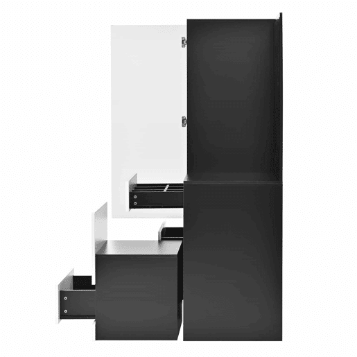 Armário multifuncional para maquilhagem e roupa u2014 com espelho de corpo inteiro, banco extraível, gavetas com divisórias para maquilhagem, estrutura em MDF, puxadores redondos de ferro u2014 Preto e Branco