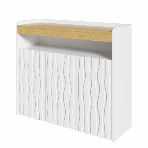 Armário para sapatos 105 x 90,5 x 35 cm u2013 com iluminação LED, 3 portas, design ondulado, prateleira aberta e prateleiras ajustáveis u2013 Branco + Natural Armário para sapatos 105 x 90,5 x 35 cm u2013 com iluminação LED, 3 portas, design ondulado, prateleira aberta e prateleiras ajustáveis u2013 Branco + Natural