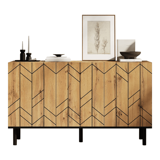 Aparador 120 x 35 x 70 cm - 3 portas, design ondulado, pés metálicos, 50 kg - madeira natural Aparador 120 x 35 x 70 cm - 3 portas, design ondulado, pés metálicos, 50 kg - madeira natural