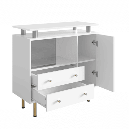 Aparador 80 x 35 x 80 cm - LED, portas de correr em vidro, gavetas e pés metálicos - Branco Aparador 80 x 35 x 80 cm - LED, portas de correr em vidro, gavetas e pés metálicos - Branco