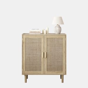 Armário de arrumação com 2 portas, 80 cm - rattan, para sala de estar, sala de jantar, hall de entrada - cor natural