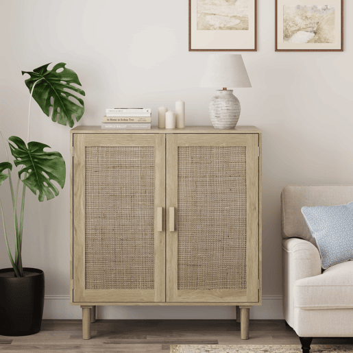 Armário de arrumação com 2 portas, 80 cm - rattan, para sala de estar, sala de jantar, hall de entrada - cor natural