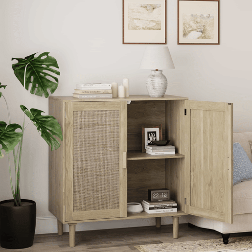 Armário de arrumação com 2 portas, 80 cm - rattan, para sala de estar, sala de jantar, hall de entrada - cor natural