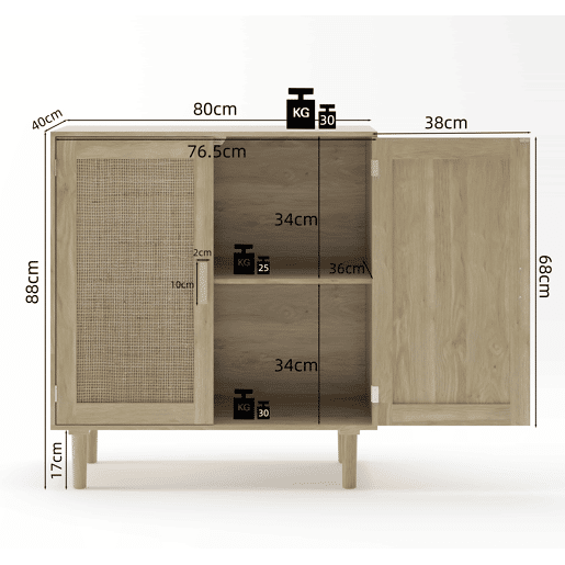 Armário de arrumação com 2 portas, 80 cm - rattan, para sala de estar, sala de jantar, hall de entrada - cor natural