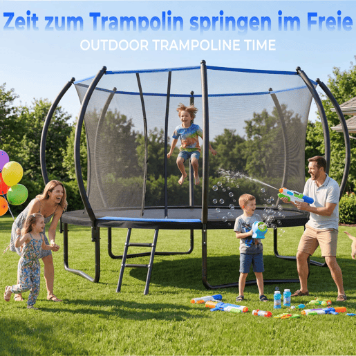 Trampolim redondo de 366 cm - com rede de segurança, escada, certificado EN 71-14 e CE para utilização no exterior - Preto + Azul
