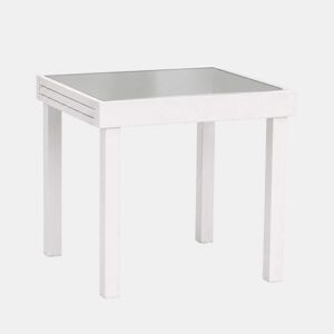 Mesa extensível para exterior, jardimterraço, alumínio e vidro temperado branco, 90-180x90x76 cm
