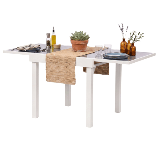 Mesa extensível para exterior, jardimterraço, alumínio e vidro temperado branco, 90-180x90x76 cm Mesa extensível para exterior, jardimterraço, alumínio e vidro temperado branco, 90-180x90x76 cm