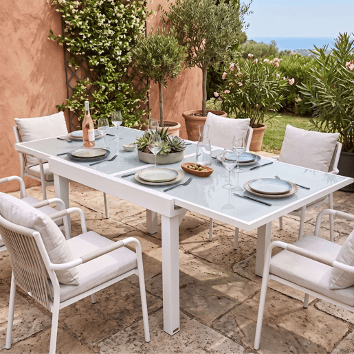 Mesa extensível para exterior, jardimterraço, alumínio e vidro temperado branco, 90-180x90x76 cm Mesa extensível para exterior, jardimterraço, alumínio e vidro temperado branco, 90-180x90x76 cm