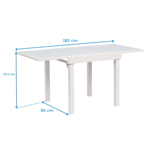 Mesa extensível para exterior, jardimterraço, alumínio e vidro temperado branco, 90-180x90x76 cm Mesa extensível para exterior, jardimterraço, alumínio e vidro temperado branco, 90-180x90x76 cm