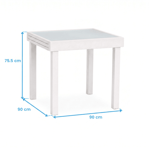 Mesa extensível para exterior, jardimterraço, alumínio e vidro temperado branco, 90-180x90x76 cm Mesa extensível para exterior, jardimterraço, alumínio e vidro temperado branco, 90-180x90x76 cm