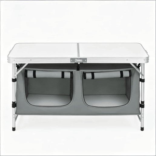 Mesa de campismo dobrável 120 x 47 x 69,5 cm u2013 ajustável, portátil, com saco de arrumação suspenso u2013 cinzenta e branca Mesa de campismo dobrável 120 x 47 x 69,5 cm u2013 ajustável, portátil, com saco de arrumação suspenso u2013 cinzenta e branca