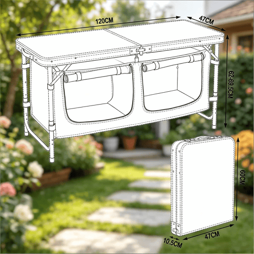 Mesa de campismo dobrável 120 x 47 x 69,5 cm u2013 ajustável, portátil, com saco de arrumação suspenso u2013 cinzenta e branca Mesa de campismo dobrável 120 x 47 x 69,5 cm u2013 ajustável, portátil, com saco de arrumação suspenso u2013 cinzenta e branca