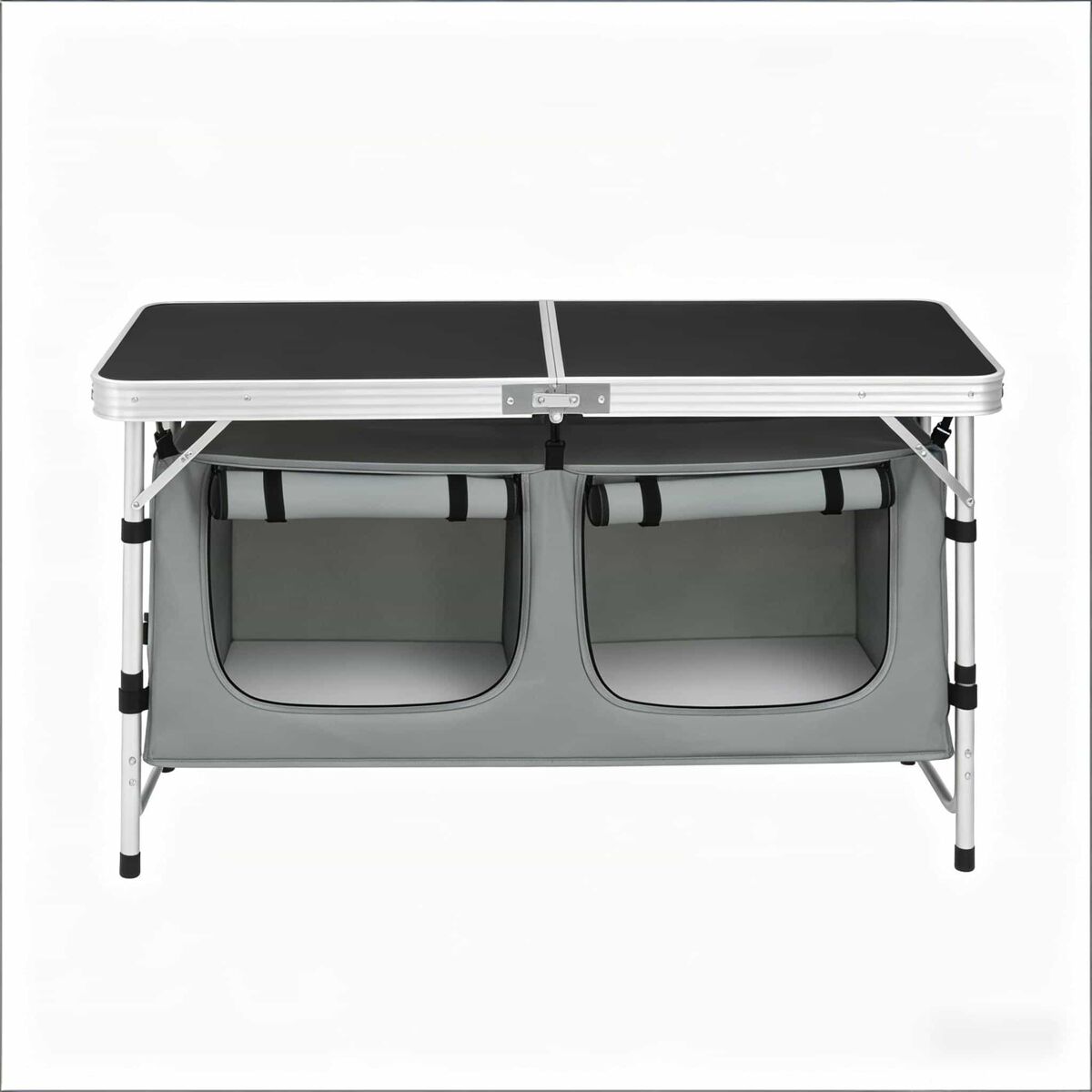 Mesa de camping plegable - portátil con bolsa de almacenamiento colgante y patas ajustables - negro y gris