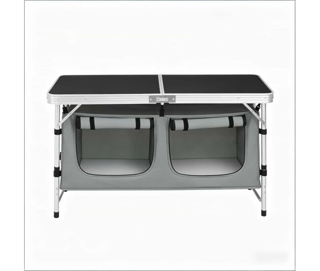 Mesa de camping plegable - portátil con bolsa de almacenamiento colgante y patas ajustables - negro y gris