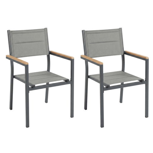 Conjunto de 2 cadeiras de exterior empilháveis u200Bu200Bcom apoio de braços, em alumínio e textilene cinza, 56x55x85 cm