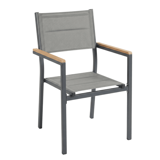 Conjunto de 2 cadeiras de exterior empilháveis u200Bu200Bcom apoio de braços, em alumínio e textilene cinza, 56x55x85 cm