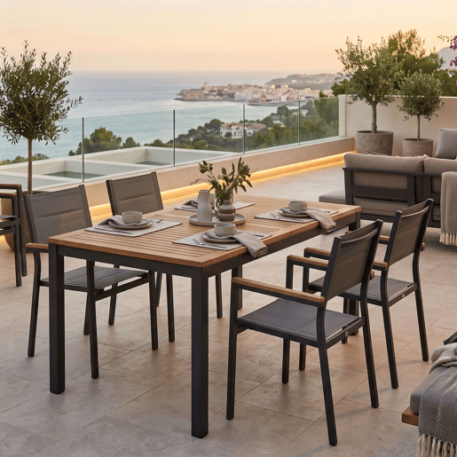 Conjunto de 2 cadeiras de exterior empilháveis u200Bu200Bcom apoio de braços, em alumínio e textilene cinza, 56x55x85 cm
