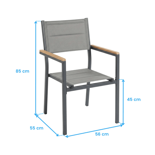 Conjunto de 2 cadeiras de exterior empilháveis u200Bu200Bcom apoio de braços, em alumínio e textilene cinza, 56x55x85 cm
