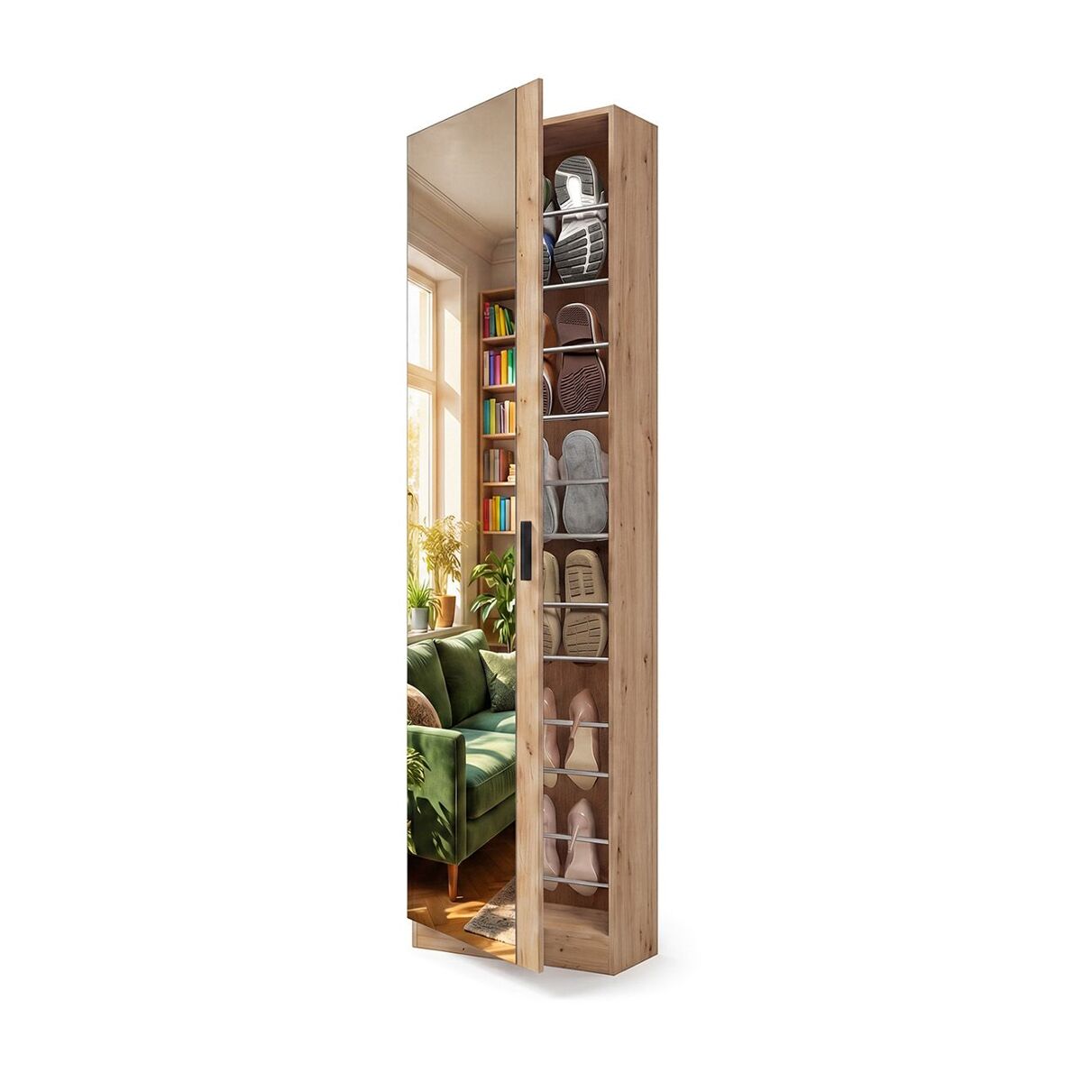 Zapatero alto de 1 puerta con espejo en alpine oak 180x50 cm roma