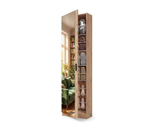 Zapatero alto de 1 puerta con espejo en alpine oak 180x50 cm roma