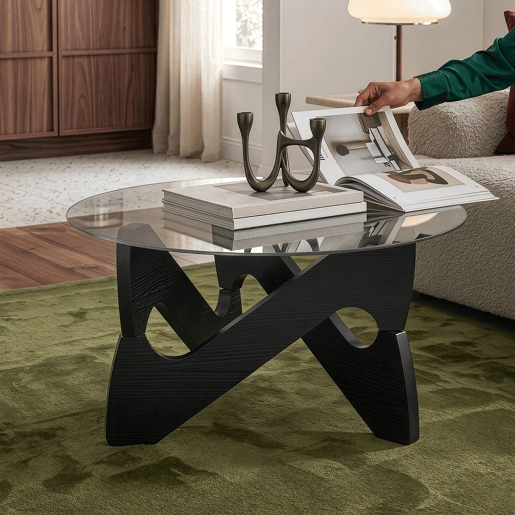 Mesa de centro Reypio tampo de vidro Ø70 x 35 cm Preto Cinzento en.casa Mesa de centro Reypio tampo de vidro Ø70 x 35 cm Preto Cinzento en.casa