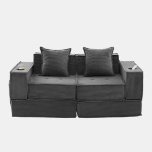 Sofá-cama duplo de 2 lugares u2013 sofá em tecido confortável com duas almofadas, apoio para os pés decorativo com arrumação lateral e porta-copos, ideal para recantos de leitura e salas de jogos u2013 cinzento escuro