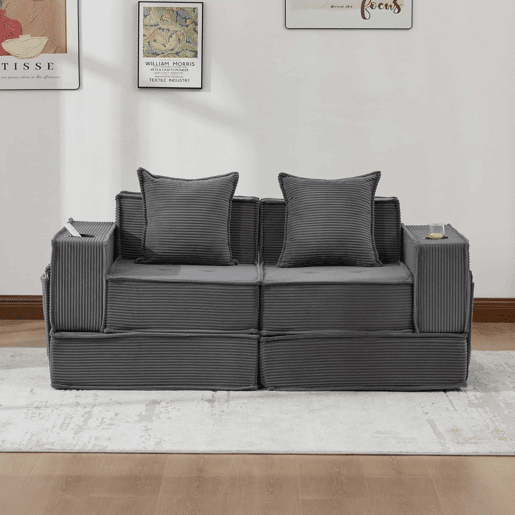 Sofá-cama duplo de 2 lugares u2013 sofá em tecido confortável com duas almofadas, apoio para os pés decorativo com arrumação lateral e porta-copos, ideal para recantos de leitura e salas de jogos u2013 cinzento escuro Sofá-cama duplo de 2 lugares u2013 sofá em tecido confortável com duas almofadas, apoio para os pés decorativo com arrumação lateral e porta-copos, ideal para recantos de leitura e salas de jogos u2013 cinzento escuro