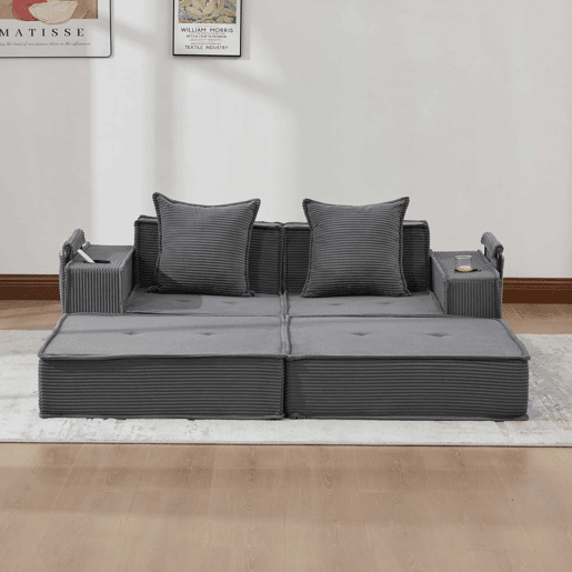 Sofá-cama duplo de 2 lugares u2013 sofá em tecido confortável com duas almofadas, apoio para os pés decorativo com arrumação lateral e porta-copos, ideal para recantos de leitura e salas de jogos u2013 cinzento escuro Sofá-cama duplo de 2 lugares u2013 sofá em tecido confortável com duas almofadas, apoio para os pés decorativo com arrumação lateral e porta-copos, ideal para recantos de leitura e salas de jogos u2013 cinzento escuro