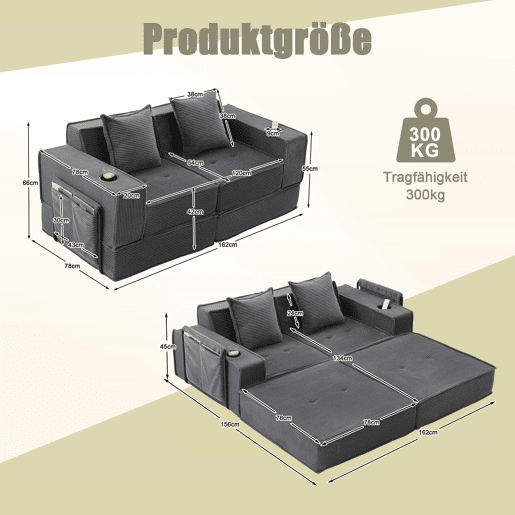 Sofá-cama duplo de 2 lugares u2013 sofá em tecido confortável com duas almofadas, apoio para os pés decorativo com arrumação lateral e porta-copos, ideal para recantos de leitura e salas de jogos u2013 cinzento escuro Sofá-cama duplo de 2 lugares u2013 sofá em tecido confortável com duas almofadas, apoio para os pés decorativo com arrumação lateral e porta-copos, ideal para recantos de leitura e salas de jogos u2013 cinzento escuro