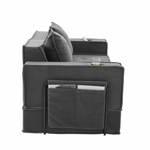 Sofá-cama duplo de 2 lugares u2013 sofá em tecido confortável com duas almofadas, apoio para os pés decorativo com arrumação lateral e porta-copos, ideal para recantos de leitura e salas de jogos u2013 cinzento escuro Sofá-cama duplo de 2 lugares u2013 sofá em tecido confortável com duas almofadas, apoio para os pés decorativo com arrumação lateral e porta-copos, ideal para recantos de leitura e salas de jogos u2013 cinzento escuro