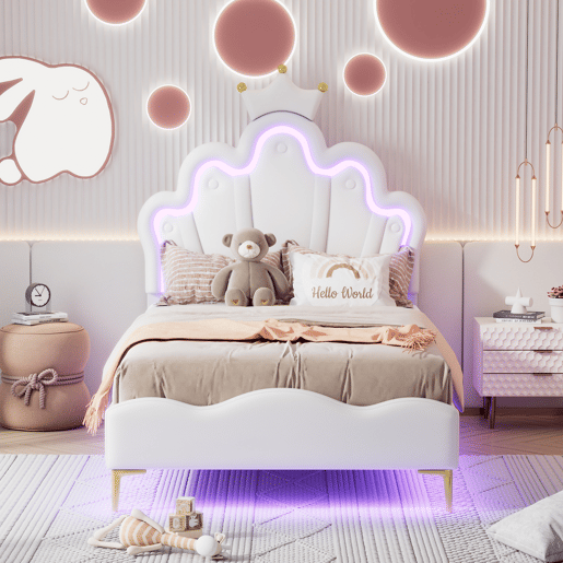 Cama estofada 90x200 cm, cabeceira em formato de coroa, couro PU, cama princesa branca Cama estofada 90x200 cm, cabeceira em formato de coroa, couro PU, cama princesa branca