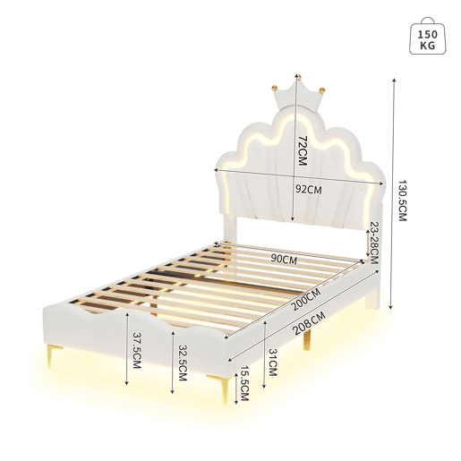 Cama estofada 90x200 cm, cabeceira em formato de coroa, couro PU, cama princesa branca Cama estofada 90x200 cm, cabeceira em formato de coroa, couro PU, cama princesa branca